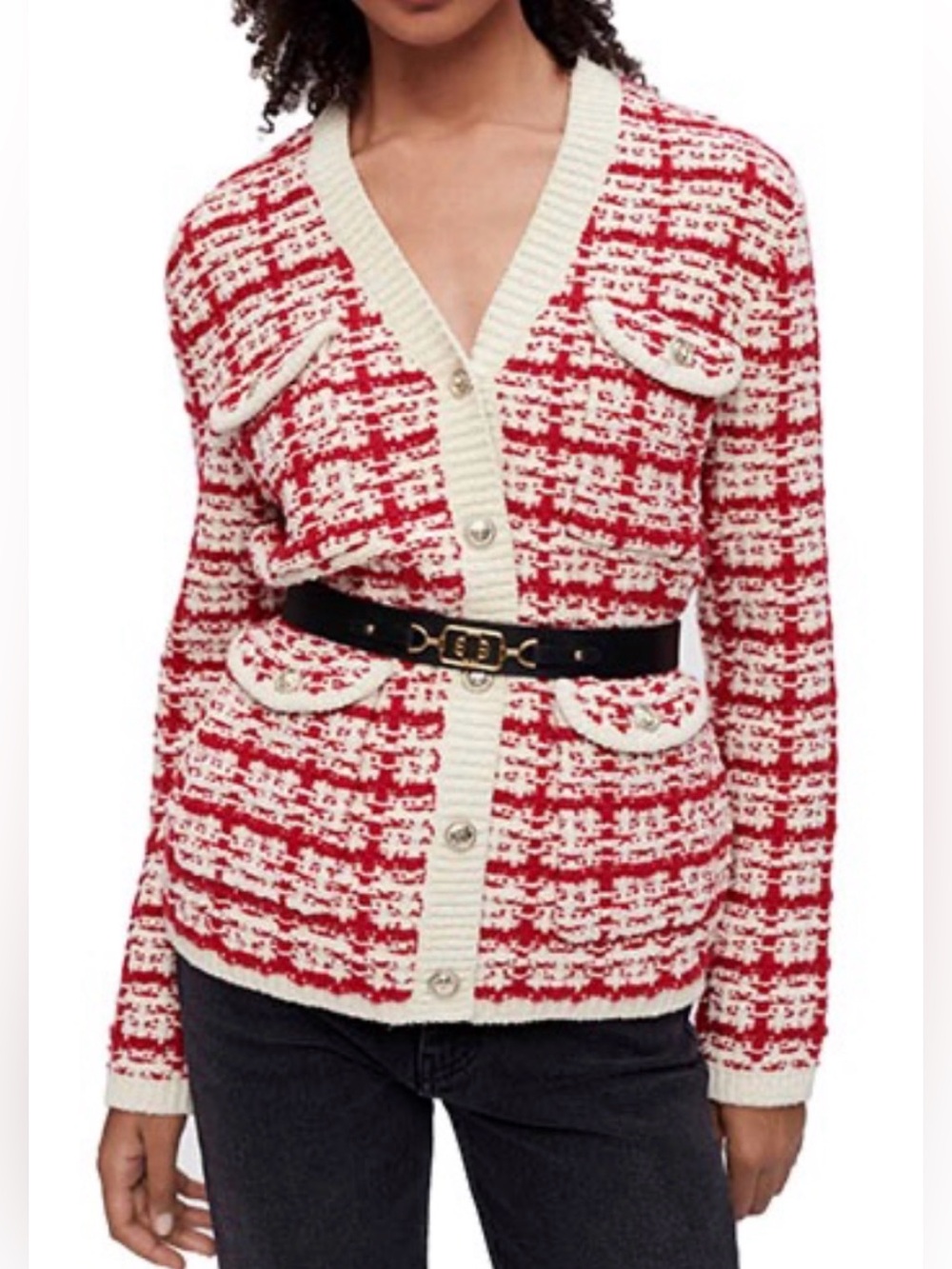 Maje Two-Tone Tweed-Effect Knit Cardigan Red Cream Metallic Size 1 - Picture 4 of 11
